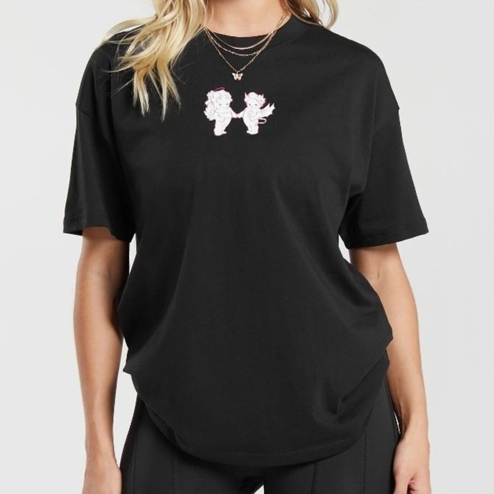 Gymshark Women's Medium Black Cherub Devil Graphic Cropped T Shirt Athleisure